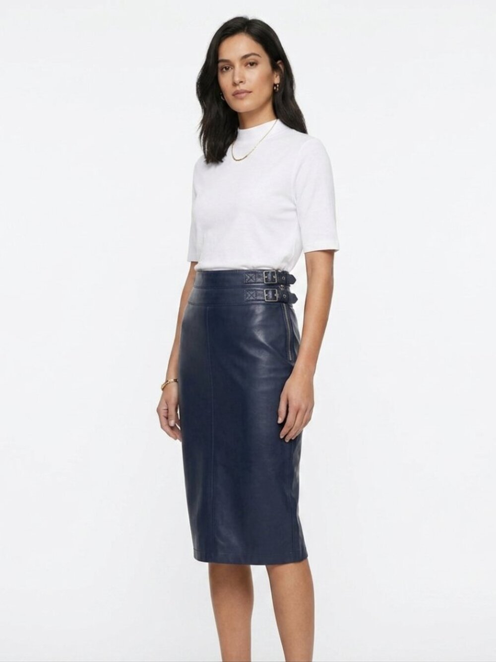 NWT SANDRA ANGELOZZI NAVY FAUX LEATHER PENCIL SKIRT